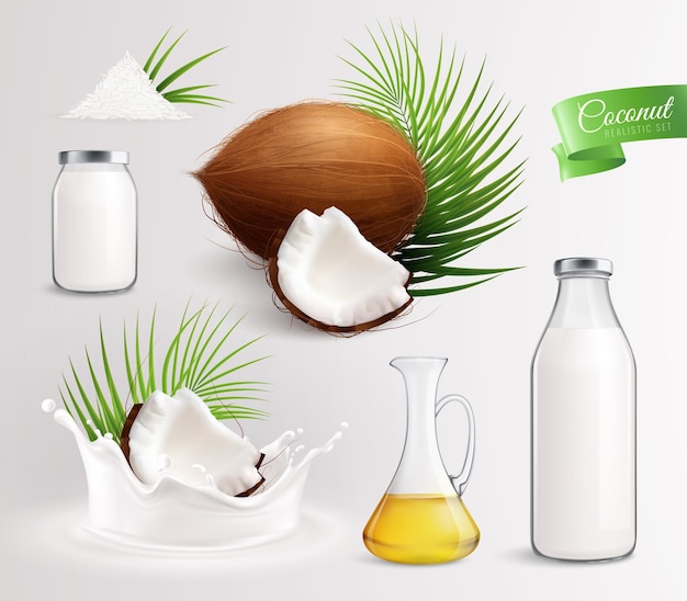 Vecteur gratuit produits de noix de coco sertis d'images réalistes de fruits de noix de coco feuilles d'huile et de lait dans des bouteilles en verre illustration vectorielle