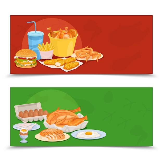 Vecteur gratuit produits de poulet plat serti de deux bannières horizontales avec des images d'illustration vectorielle de repas à la maison et de restauration rapide