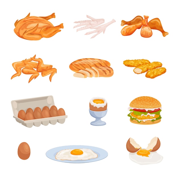 Vecteur gratuit produits de poulet plats sertis d'images isolées de viande rôtie frits et d'oeufs crus avec illustration vectorielle de burger