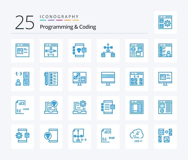 Vecteur gratuit programmation et codage 25 pack d'icônes de couleur bleue, y compris développer un ordinateur de développement de développement de navigateur