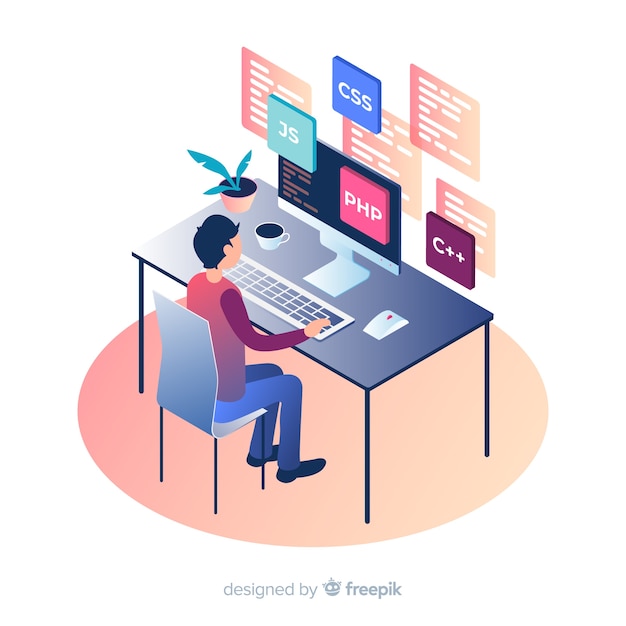 Programmeur Isométrique Travaillant Sur Un Bureau
