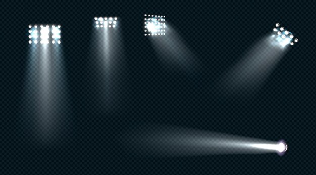 Projecteurs, faisceaux blancs de lumière de scène, éléments de conception lumineux pour scène de studio, de stade ou de théâtre.