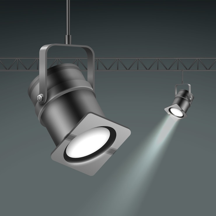 Vecteur gratuit projecteurs lumineux au plafond de vecteur bouchent la vue latérale isolée sur fond gris foncé
