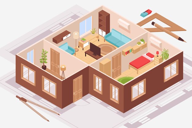 Projet de design d'intérieur isométrique avec illustration vectorielle de plan de salle plate