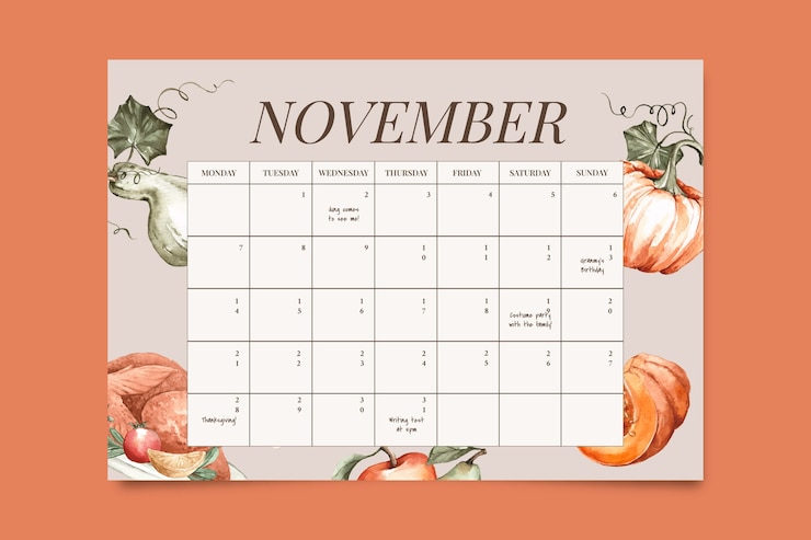 Vecteur gratuit projet de modèle de calendrier de thanksgiving