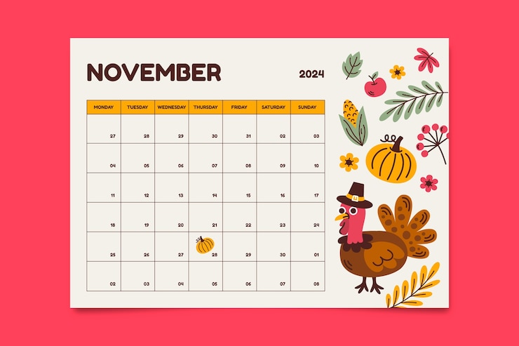 Vecteur gratuit projet de modèle de calendrier de thanksgiving
