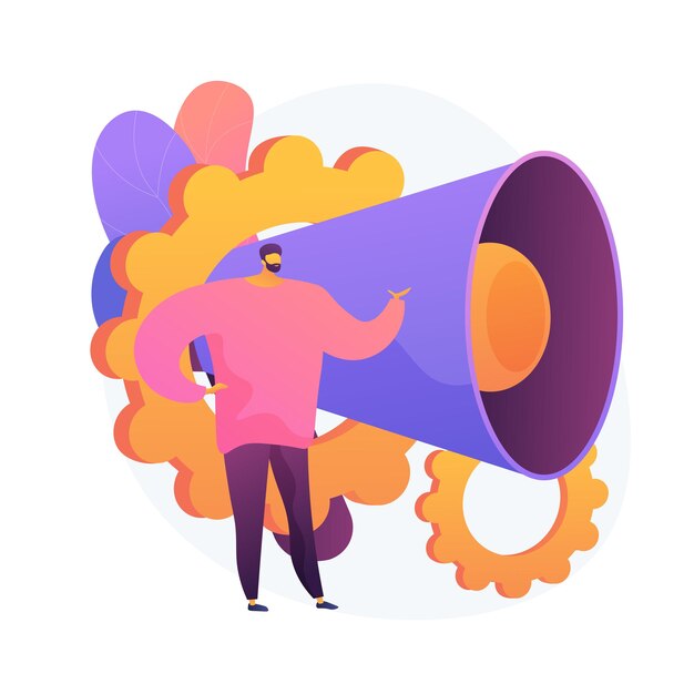 Promotion. Homme de dessin animé debout avec haut-parleur. Publicité, commercial, propagande. Personnage plat journaliste sur fond blanc. Illustration de métaphore de concept isolé de vecteur