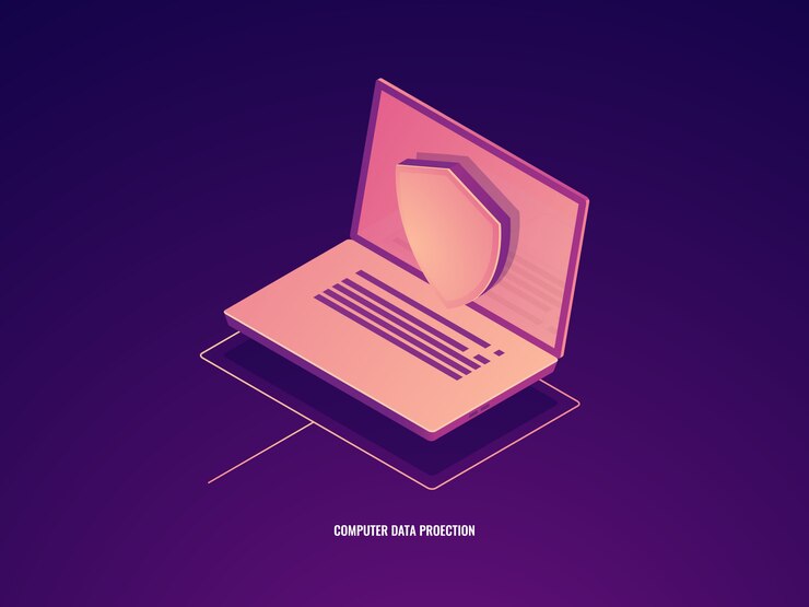 Vecteur gratuit protection des données informatiques, ordinateur portable avec bouclier, icône isométrique de la sécurité des données
