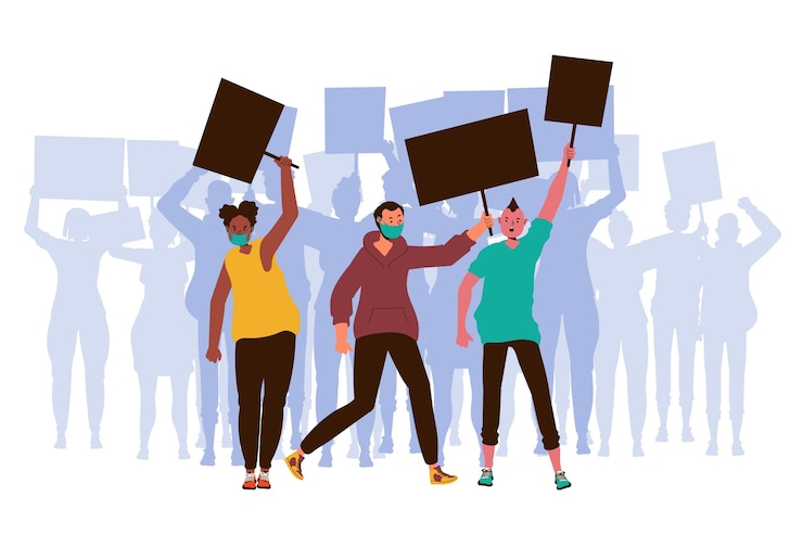 Vecteur gratuit protester contre le racisme avec des gens et des pancartes