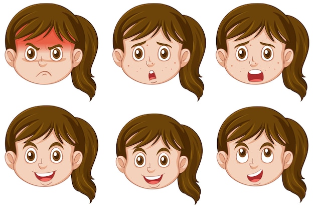 Vecteur gratuit puberté fille différente collection d'expressions faciales