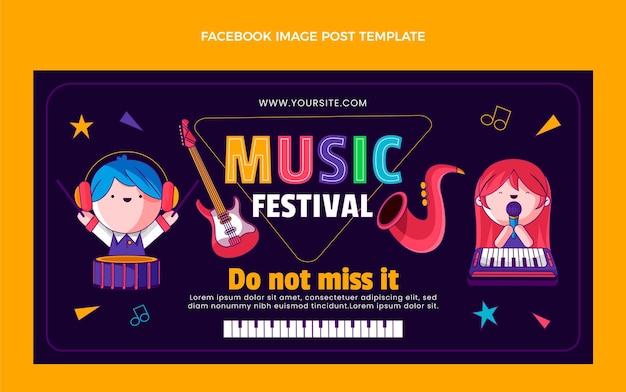 Vecteur gratuit publication facebook du festival de musique colorée dessinée à la main