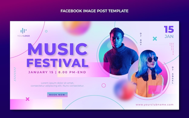 Vecteur gratuit publication facebook du festival de musique à texture dégradée