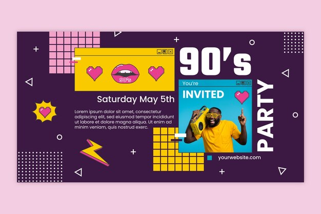 Publication facebook de fête colorée des années 90 au design plat