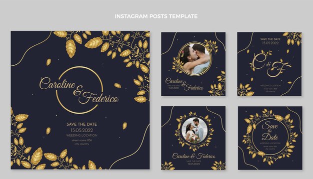 Publications instagram de mariage d'or de luxe réalistes