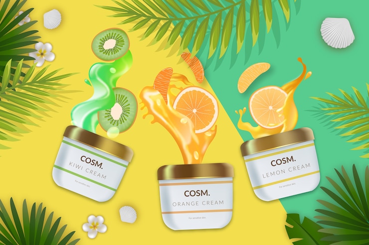 Vecteur gratuit publicité cosmétique commerciale avec des produits de soin de la peau