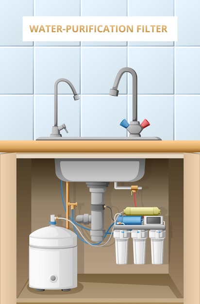 Vecteur gratuit purification de l'eau maison filtre osmose système dessin animé affiche illustration vectorielle