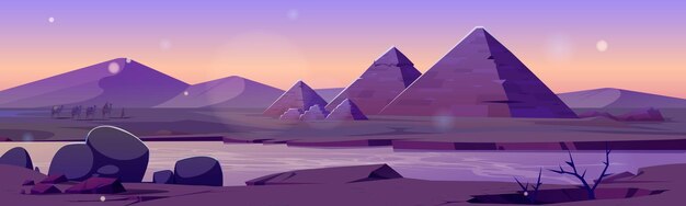 Pyramide en Egypte désert oasis vecteur lever du soleil paysage arrière-plan Ancienne scène du fleuve Nil dessin bannière archéologie arabe plante sèche et rivière dessin animé illustration grand tombeau en pierre tôt le matin
