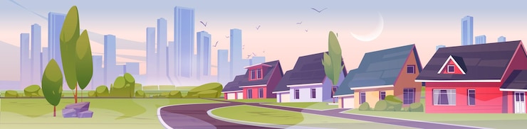 Vecteur gratuit quartier de banlieue avec maisons tôt le matin