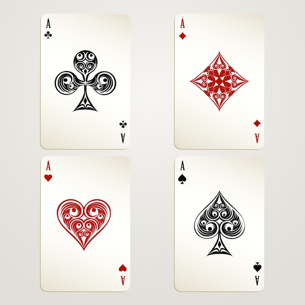 Vecteur gratuit quatre dessins vectoriels de cartes à jouer aces montrant chacun des quatre costumes en rouge et noir conceptuel d'un casino et de jeux d'argent