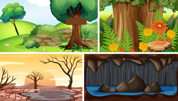 Vecteur gratuit quatre différentes scènes de la nature du style de dessin animé de forêt et de grotte