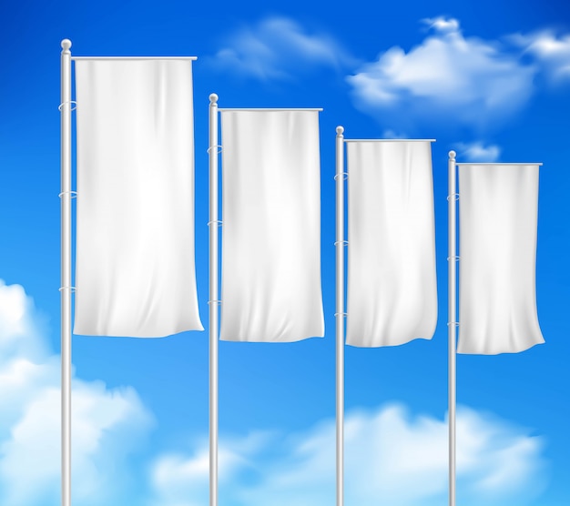 Vecteur gratuit quatre drapeaux de pôles blancs vierges définis modèle pour publicité événement événement décor décoration extérieure