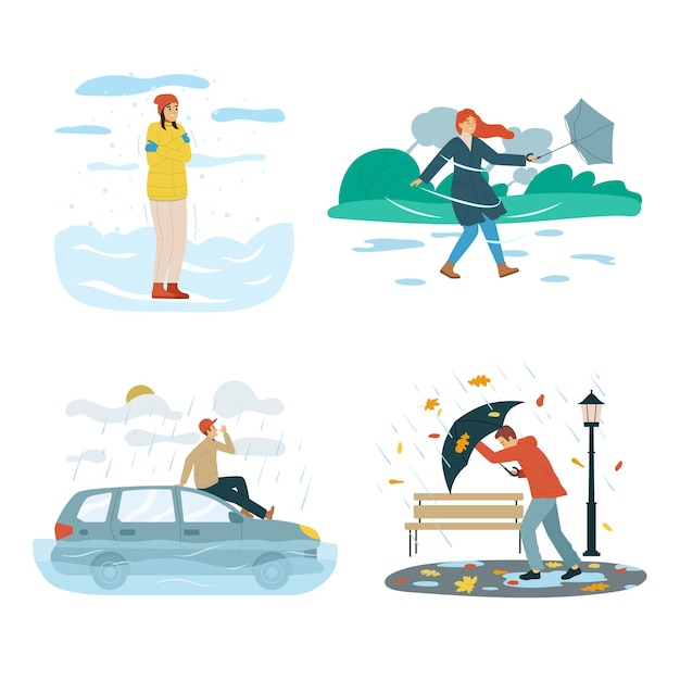 Vecteur gratuit quatre icônes plates de personnes par mauvais temps définissent des vents violents et de la pluie créent des obstacles pour les personnes illustration vectorielle