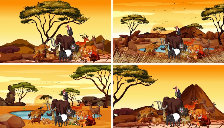 Vecteur gratuit quatre scènes avec des animaux sur le terrain