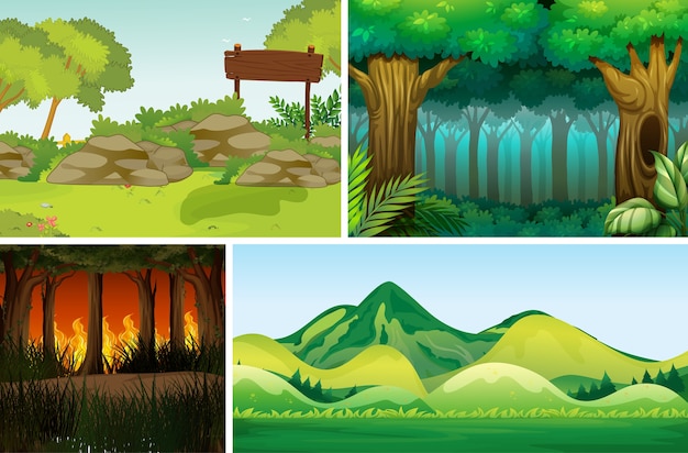 Quatre scènes de catastrophe naturelle différentes du style de dessin animé de forêt