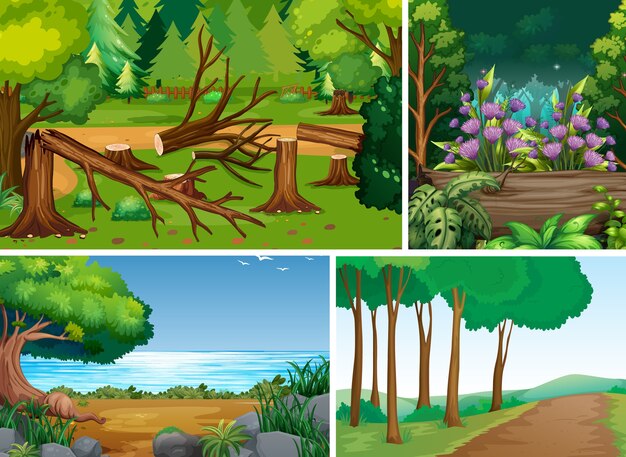 Quatre scènes différentes du style de dessin animé de la forêt