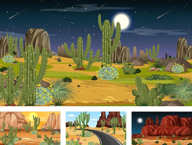 Quatre scènes différentes de paysage de forêt désertique avec diverses plantes du désert