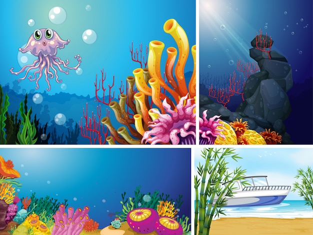 Quatre scènes différentes de plage tropicale et sous-marine avec style de dessin animé de creater de mer