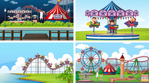Quatre scènes avec des singes heureux dans le parc du cirque