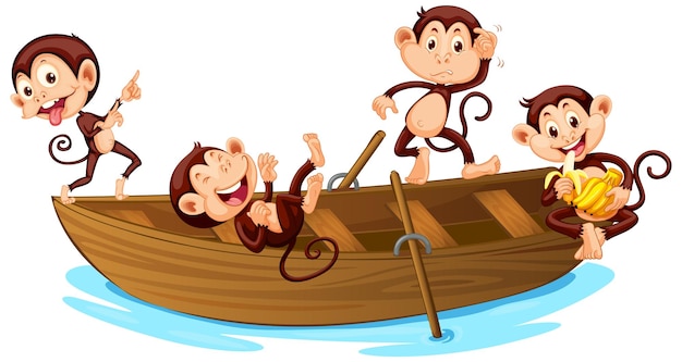 Quatre singes jouant sur le bateau