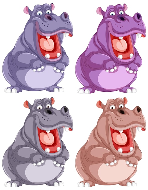 Vecteur gratuit un quatuor d'hippopotames colorés