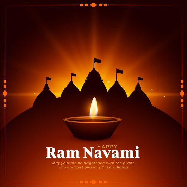 Ram navami salutation avec lampe diya et temple