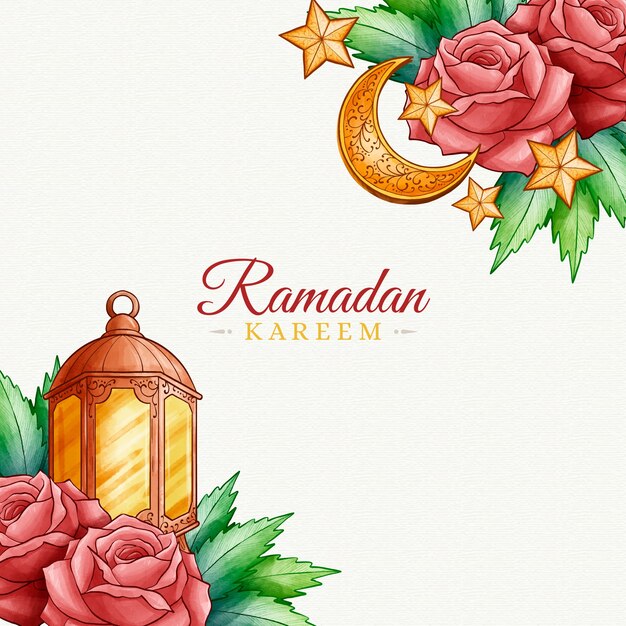 Ramadan heureux aquarelle et roses et bougie