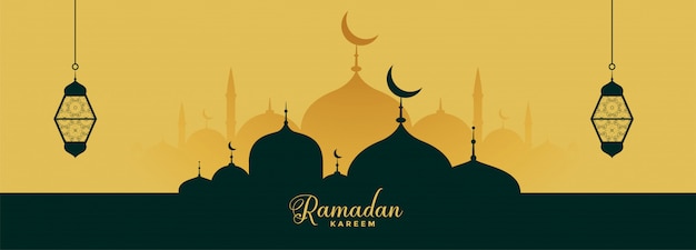 Ramadan kareem bannière élégante avec mosquée et lanterne