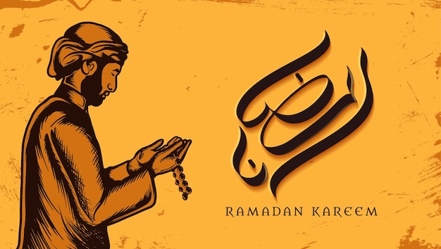 Ramadan kareem fond homme prie à l'aide de perles de prière illustration vectorielle