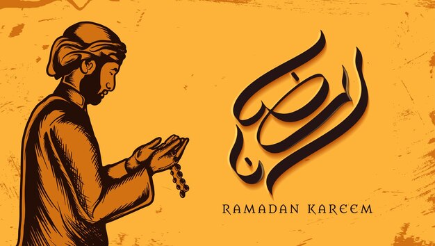 Ramadan kareem fond homme prie à l'aide de perles de prière illustration vectorielle