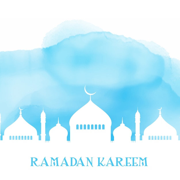 Vecteur gratuit ramadan kareem fond avec la silhouette de la mosquée sur la texture aquarelle