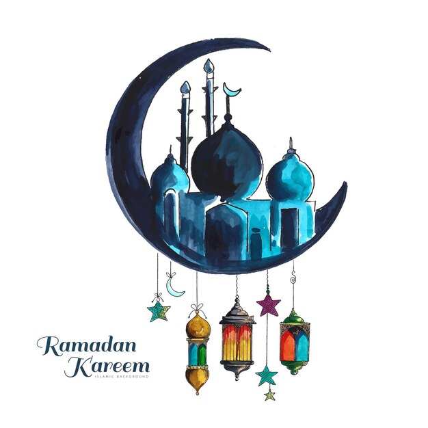 Ramadan kareem islamique lune et mosquée conception de cartes de lampes suspendues