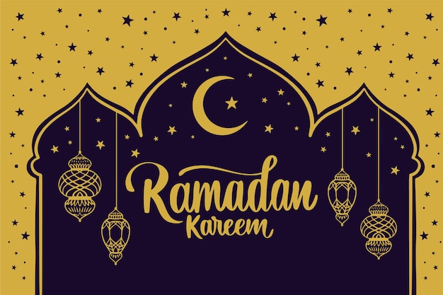 Vecteur gratuit ramadan kareem lune dessiné à la main dans la nuit