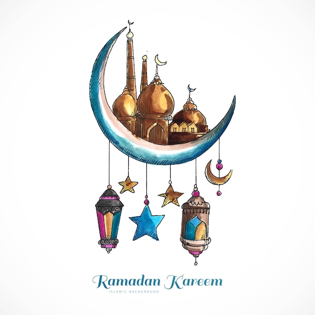 Vecteur gratuit ramadan kareem lune islamique et fond de carte colorée de mosquée