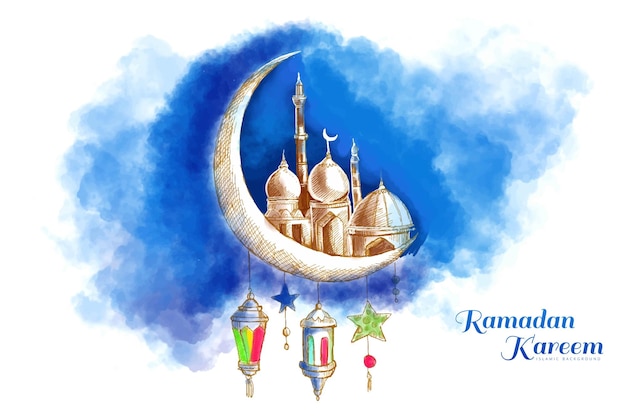 Vecteur gratuit ramadan kareem lune islamique et fond de carte de croquis de mosquée