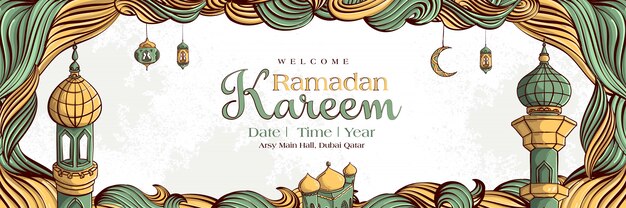 Ramadan Kareem avec ornement Illustration islamique dessinés à la main sur fond grunge blanc