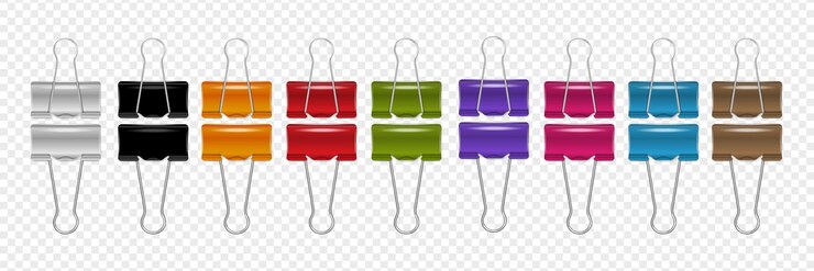 Vecteur gratuit rangée multicolore de trombones en papier à fond transparent ensemble réaliste illustration vectorielle isolée