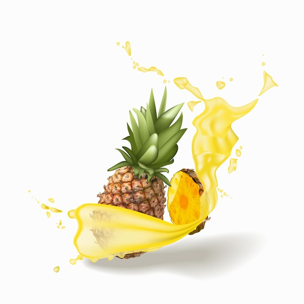 Réalisme 3D. Jus d'ananas et fruits frais. Illustration vectorielle.