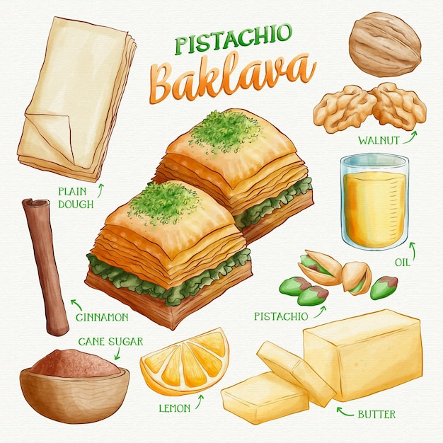 Vecteur gratuit recette de baklava à la pistache dessinée à la main