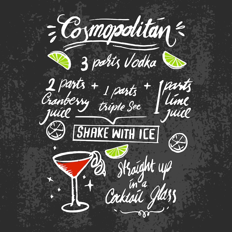 Vecteur gratuit recette de cocktail alcoolique cosmopolite sur tableau noir