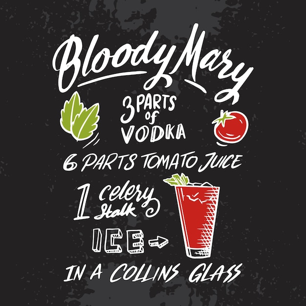 Vecteur gratuit recette de cocktail alcoolisé bloddy mary sur tableau noir